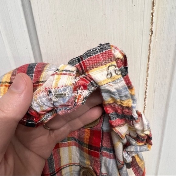 Passport plaid romper xl wooden button down front. pockets. tie at waist. - Picture 6 of 6